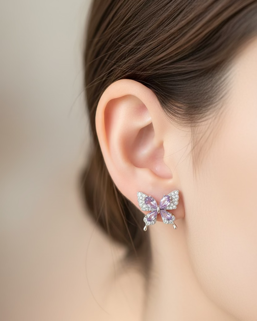 Purple crystal diamante butterfly studs #02802