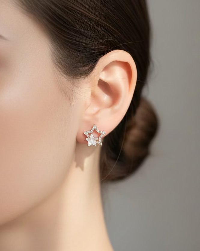 Rosegold shimmery duo star studs #04114