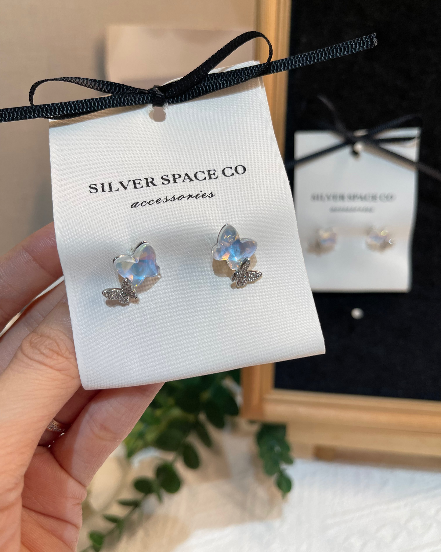 Austrian blue crystal duo butterfly studs #02475