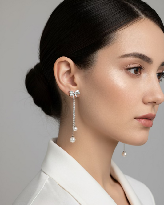 Ribbon studs two way with pearl dangle #02806