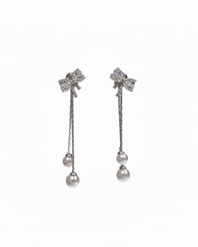 Ribbon studs two way with pearl dangle #02806
