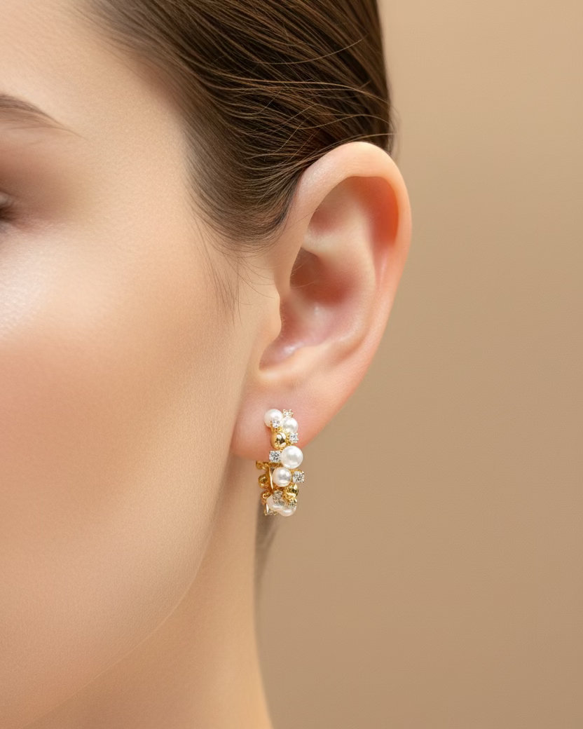 Classic diamante pearl C hoop in Gold #02002