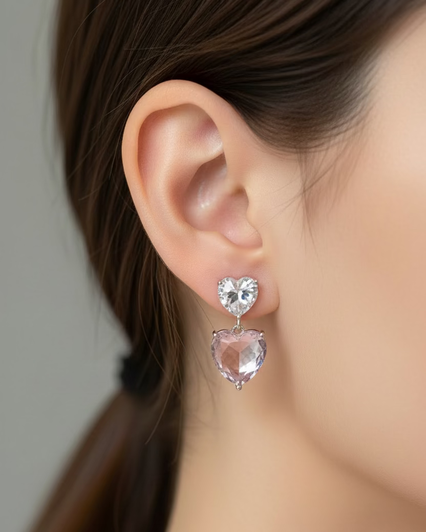 Duo clear pink crystal heart earrings #02010