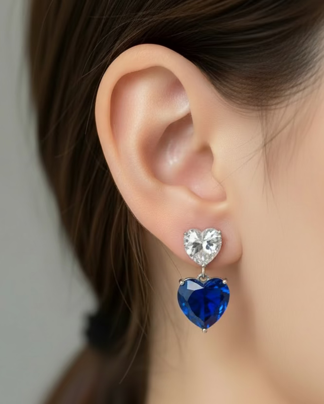 Duo clear blue crystal heart earrings #02011