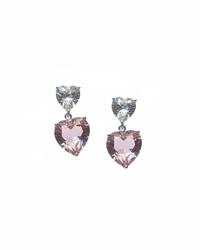 Duo clear pink crystal heart earrings #02010