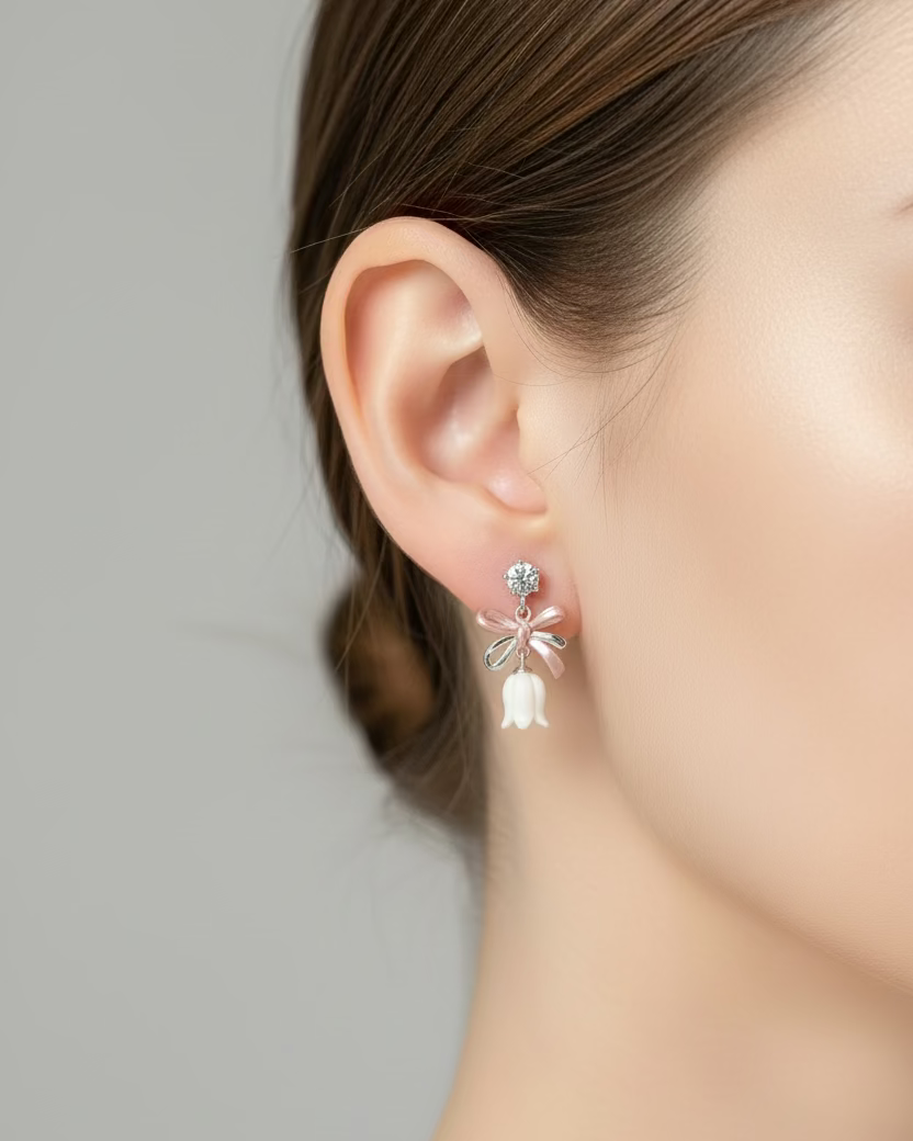 Mismatch pink bow with tulip dangle #03276