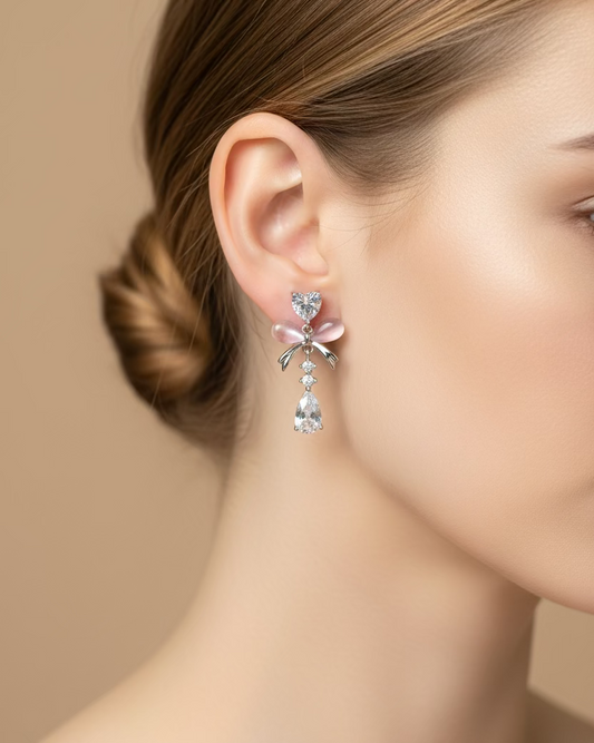 Pink cateye bow with heart dangle #04153