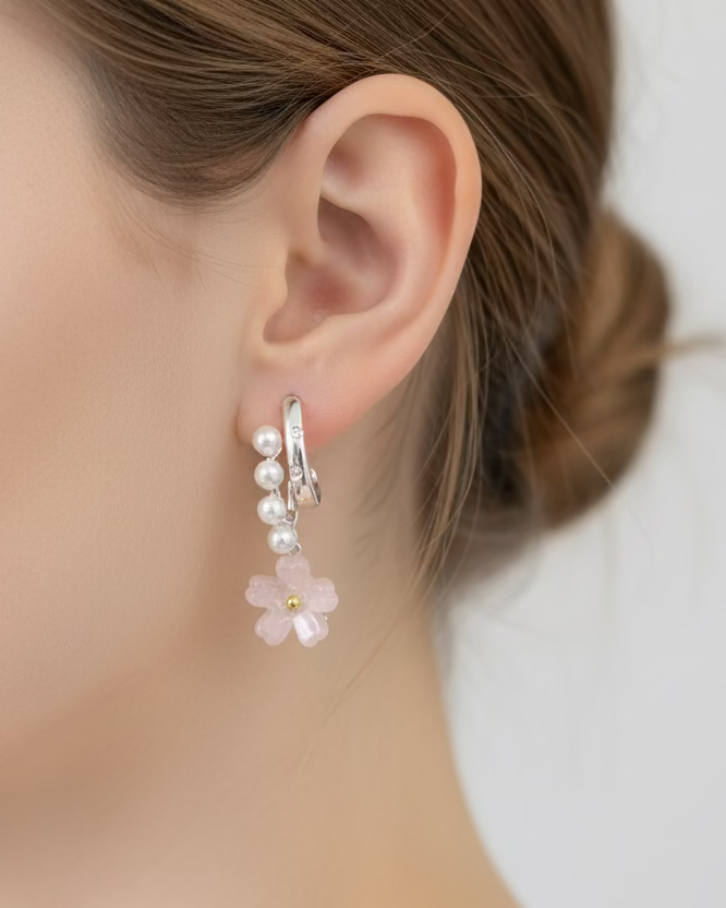 Shimmery pink sakura flower with pearl dangle #04119