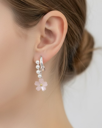 Shimmery pink sakura flower with pearl dangle #04119