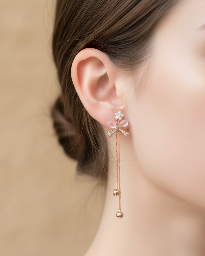 Rosegold pearl flower with cateye bow dangle #04964