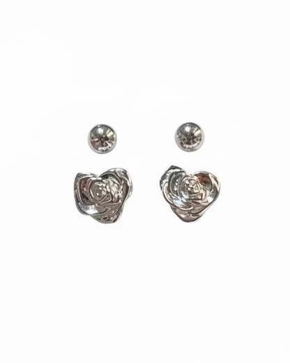 Two way stud with heart rose in Silver #04974