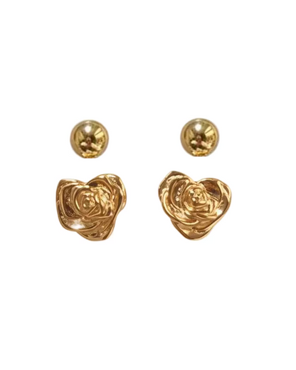 Two way stud with heart rose in Gold #04975