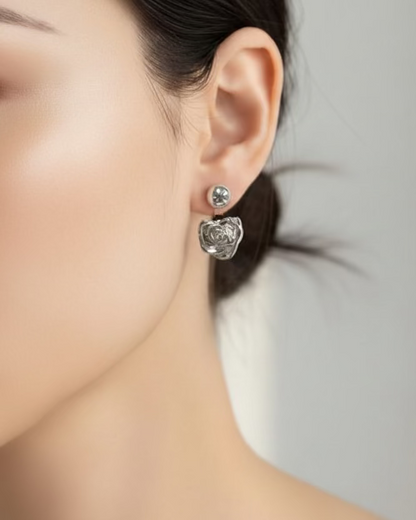 Two way stud with heart rose in Silver #04974